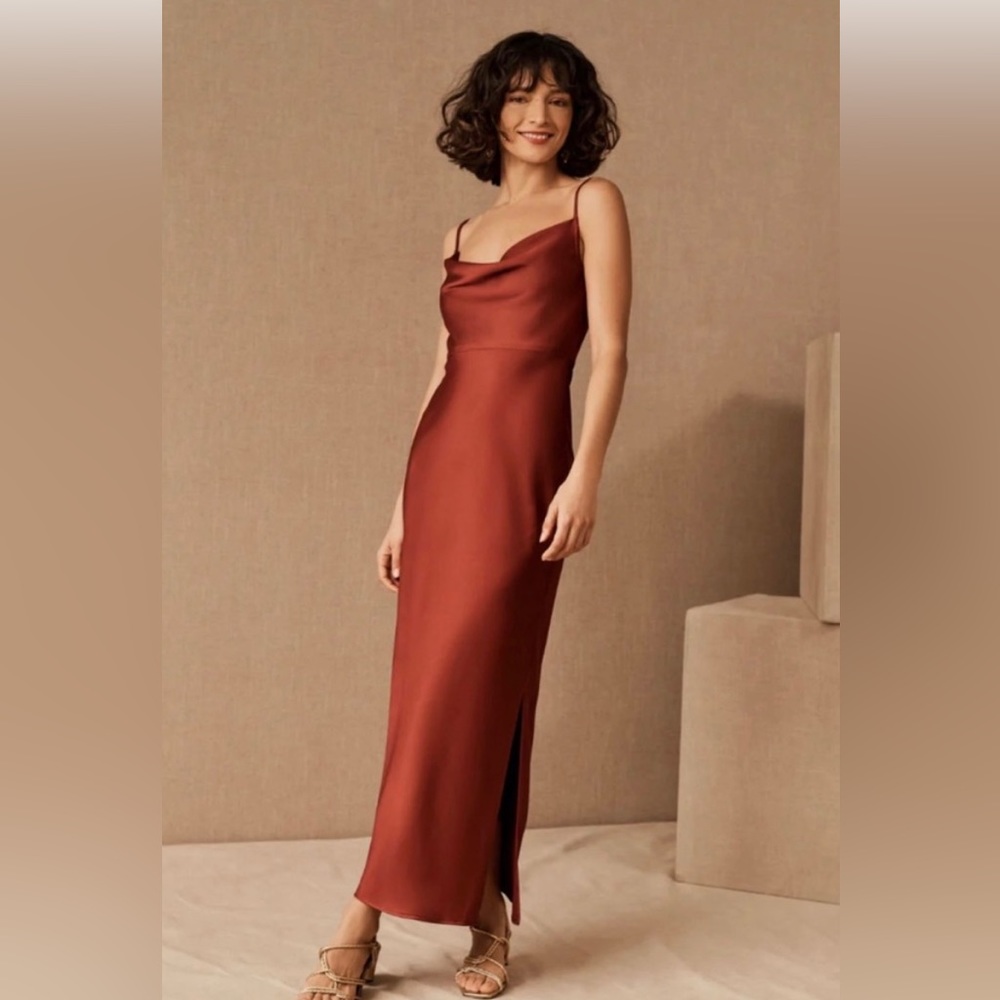 BHLDN cinnamon cowl neck dress